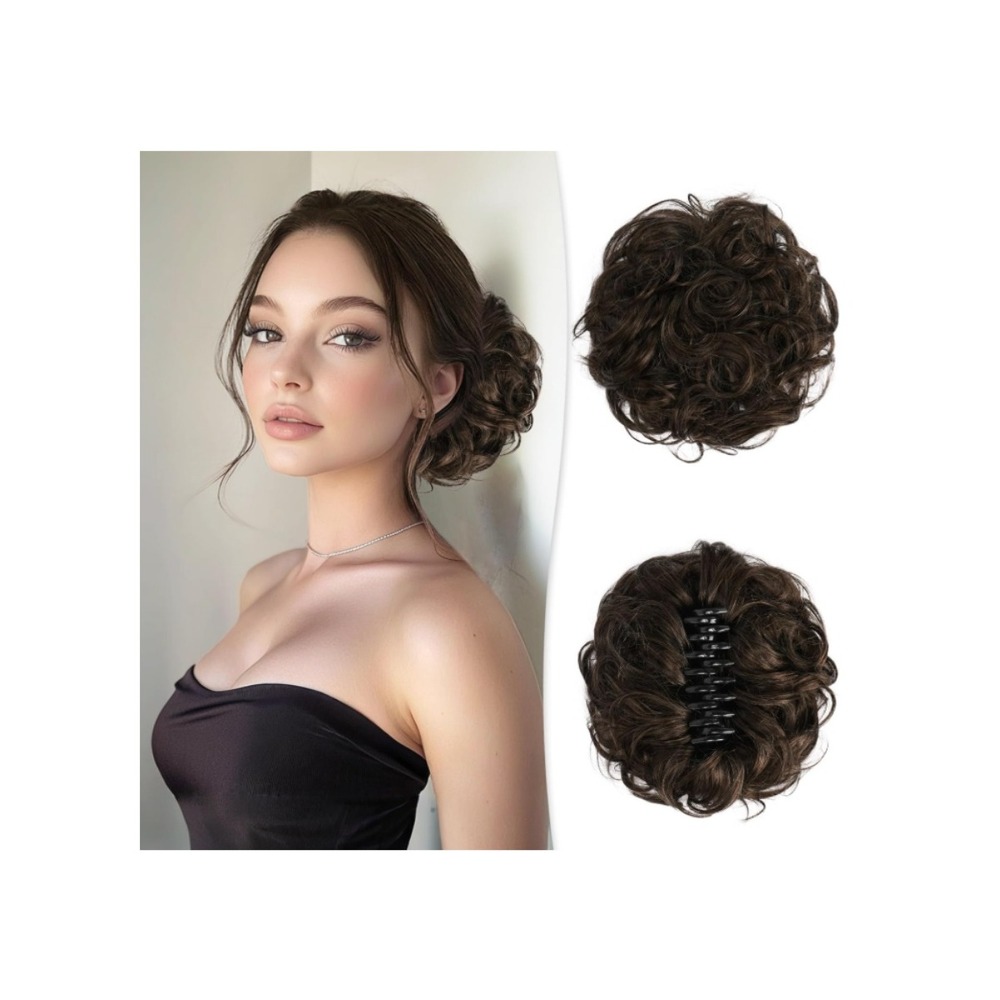 Large Brunette Messy Bun Hair Piece Claw Clip 100% Human Hair Wavy Chignon Brown